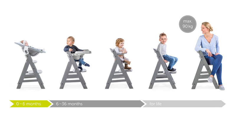 Growing with your baby Hauck Alpha+ Wooden Highchair with Removable Front Bar in White | Highchairs | Feeding & Weaning - Clair de Lune UK