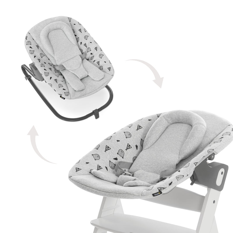 Nordic Grey Hauck Alpha Premium Bouncer when transformed to be a bouncer and a newborn seat for the wooden high chair | Baby Swings, Rockers & Baby Bouncers | Toys - Clair de Lune UK