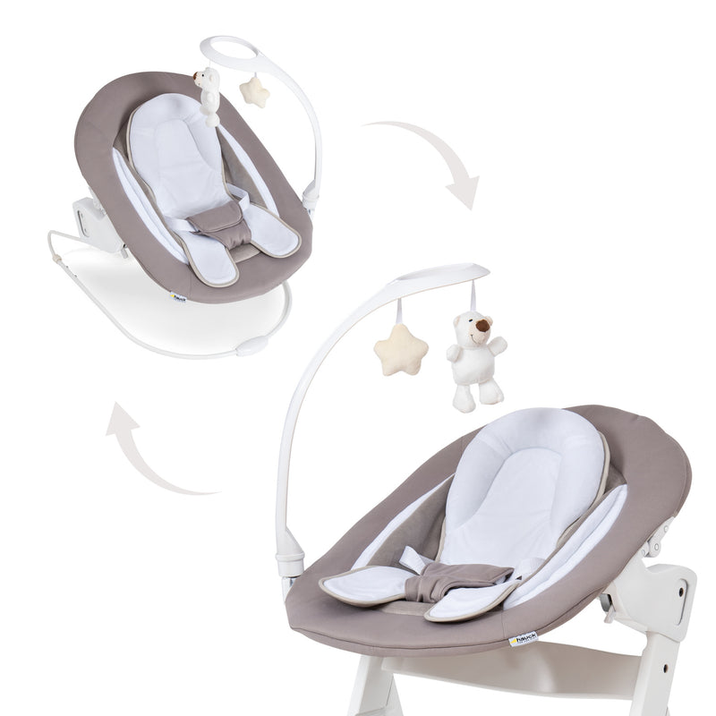 The multi-functional bouncer from the Sand and White Hauck Alpha + Wooden High Chair & Deluxe Bouncer Bundle | Highchairs | Feeding & Weaning - Clair de Lune UK