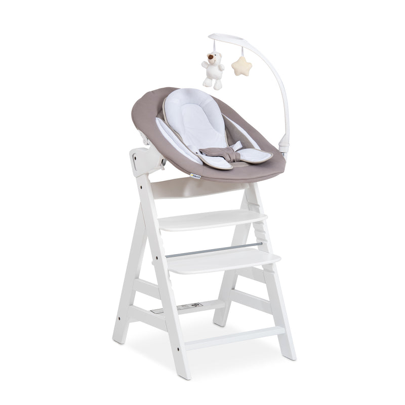 Sand and White Hauck Alpha + Wooden High Chair & Deluxe Bouncer Bundle | Highchairs | Feeding & Weaning - Clair de Lune UK