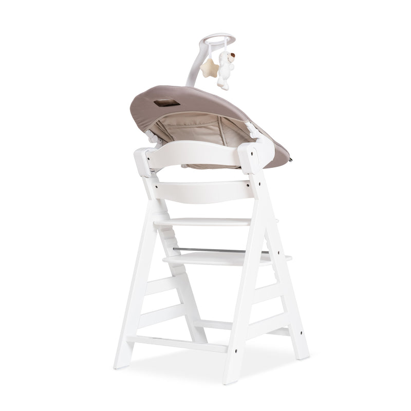 Sand and White Hauck Alpha + Wooden High Chair & Deluxe Bouncer Bundle without the bouncer's newborn insert | Highchairs | Feeding & Weaning - Clair de Lune UK