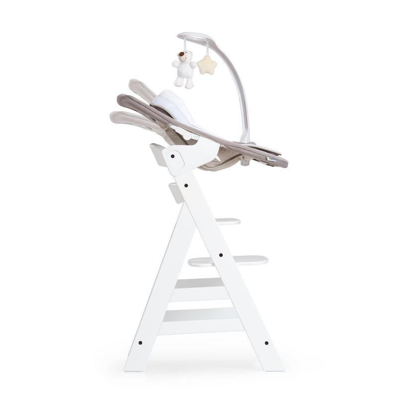 The side of the Sand and White Hauck Alpha + Wooden High Chair & Deluxe Bouncer Bundle | Highchairs | Feeding & Weaning - Clair de Lune UK