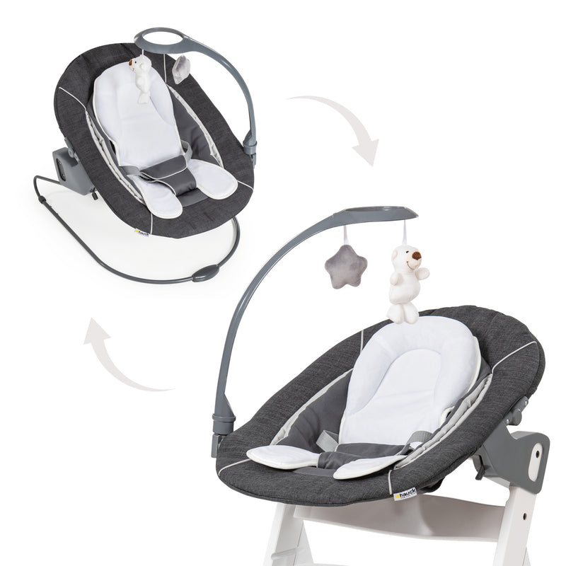 The multi-functional bouncer from the Grey and Natural Hauck Alpha + Wooden High Chair & Deluxe Bouncer Bundle | Highchairs | Feeding & Weaning - Clair de Lune UK