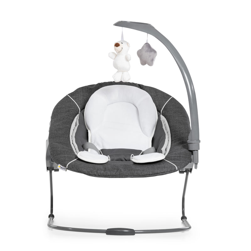 The front of the Grey Hauck Alpha 2in1 Bouncer Deluxe with the toy frame | Baby Swings, Rockers & Baby Bouncers | Toys - Clair de Lune UK