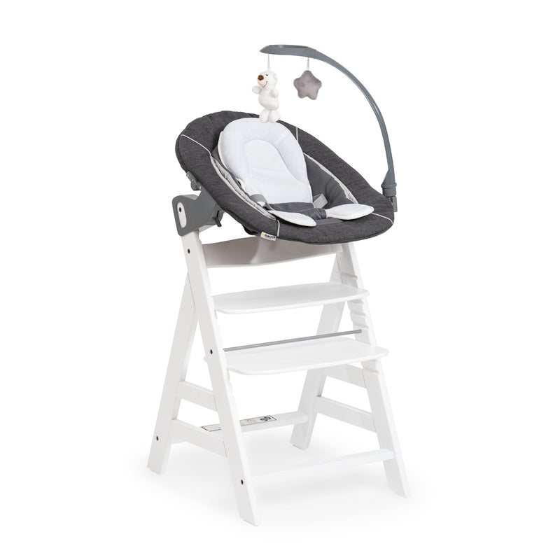 Grey and White Hauck Alpha + Wooden High Chair & Deluxe Bouncer Bundle | Highchairs | Feeding & Weaning - Clair de Lune UK
