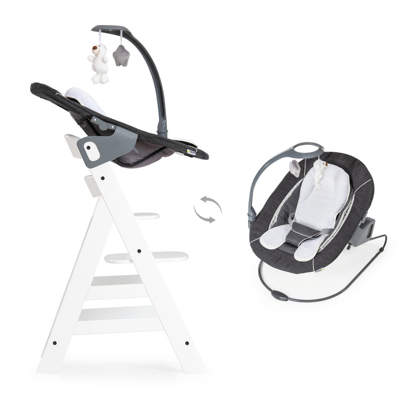 The multi-functional bouncer from the Grey and White Hauck Alpha + Wooden High Chair & Deluxe Bouncer Bundle | Highchairs | Feeding & Weaning - Clair de Lune UK