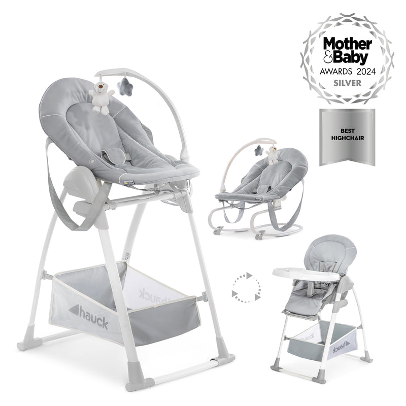 Stretch Grey Hauck Travel 3in1 Sit N Relax High Chair & Bouncer with the Mother & Baby award-winning logo | Highchairs | Feeding & Weaning - Clair de Lune UK