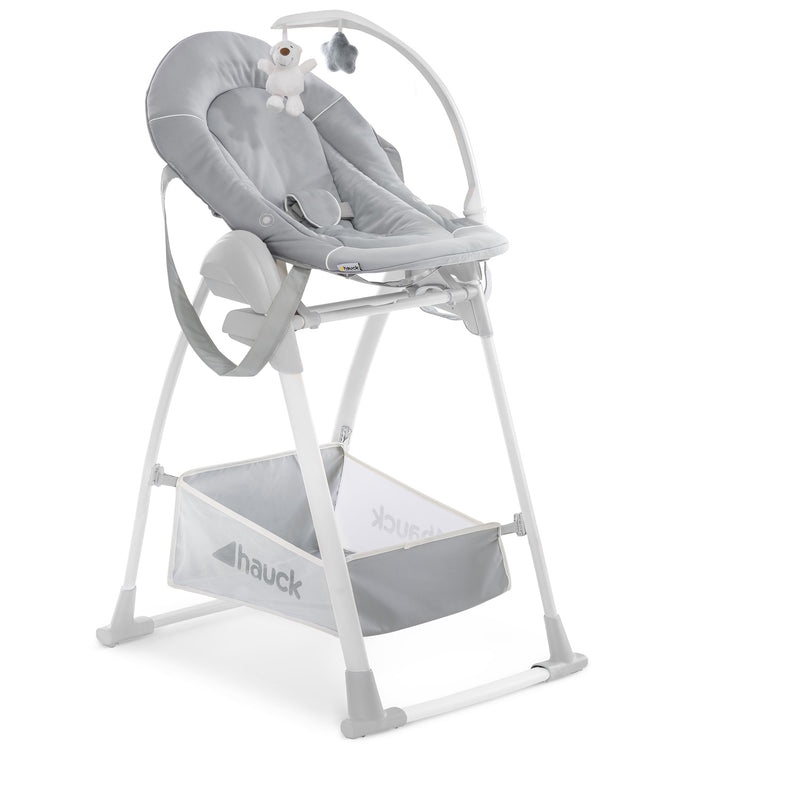 Stretch Grey Hauck Travel 3in1 Sit N Relax High Chair & Bouncer with the toy frame | Highchairs | Feeding & Weaning - Clair de Lune UK