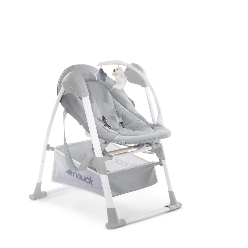 Stretch Grey Hauck Travel 3in1 Sit N Relax High Chair & Bouncer with the frame shortened | Highchairs | Feeding & Weaning - Clair de Lune UK