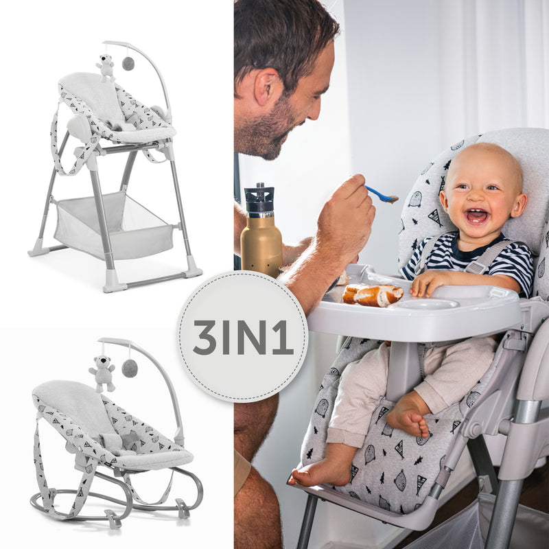 Nordic Grey Hauck Travel 3in1 Sit N Relax High Chair & Bouncer transformed to a bouncer, a newborn chair and a toddler chair | Highchairs | Feeding & Weaning - Clair de Lune UK
