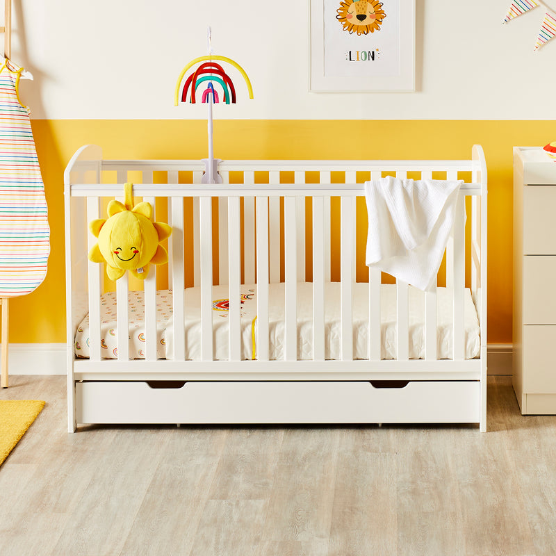 White Ickle Bubba Coleby Classic Cot Bed with a matching drawer | Cots, Cot Beds & Toddler Beds | Nursery Furniture - Clair de Lune UK