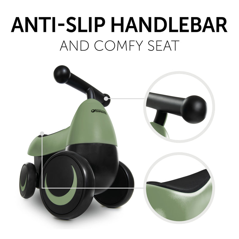 The anti-slip handle and comfortable seat of the Green Hauck 1st Ride Four Balance Bike | Toddler Bikes | Montessori Activities For Babies & Kids - Clair de Lune UK