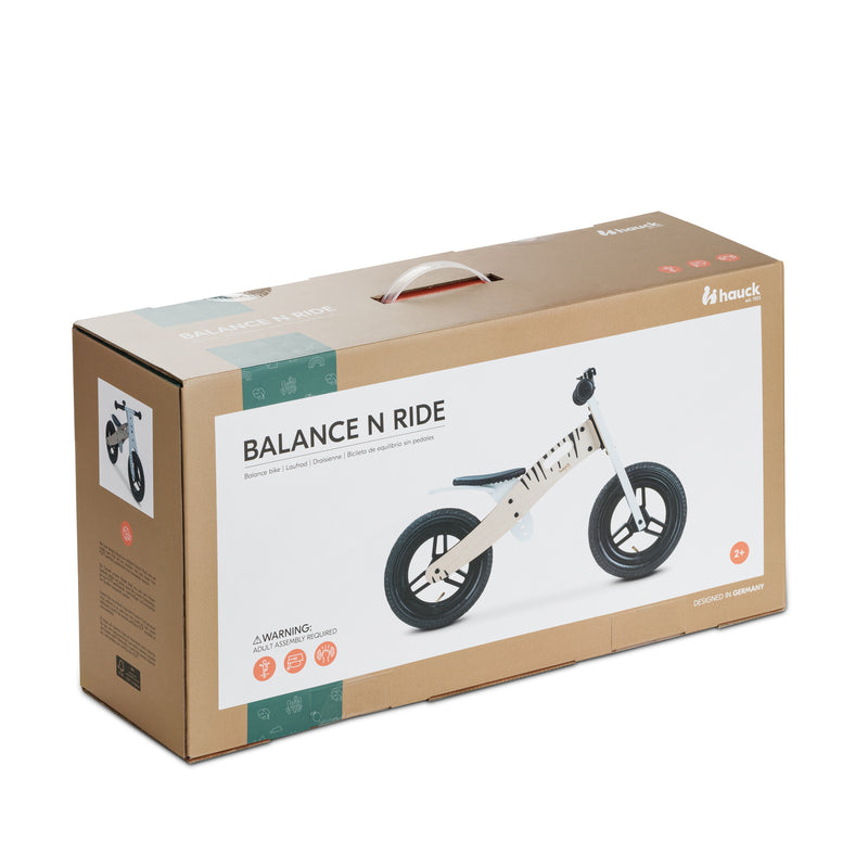 The packaging box of the Zebra Blue Hauck Balance N Ride Balance Bike | Toddler Bikes | Montessori Activities For Babies & Kids - Clair de Lune UK