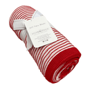 East Coast Silvercloud Candy Cane Thin Stripe Red and White baby blanket showing the tag and ribbon packaging | Cosy Baby Blankets | Swaddles and Receiving Blankets - Clair de Lune UK