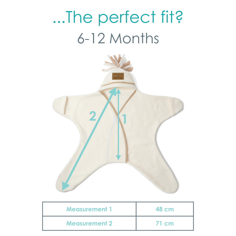 Diagram showing the measurements of the 6-12 months Star Fleece Baby Wrap Blanket | Cosy Baby Blankets | Swaddle Blanket | Nursery Bedding - Clair de Lune UK