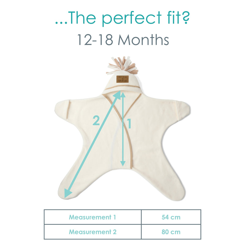 Diagram showing the measurements of the baby 12-18 months Star Wrap Blanket | Cosy Baby Blankets | Swaddle Blanket | Nursery Bedding - Clair de Lune UK