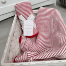 East Coast Silvercloud Candy Cane Thin Stripe Red and White baby blanket showing the tag and ribbon packaging | Cosy Baby Blankets | Swaddles and Receiving Blankets - Clair de Lune UK