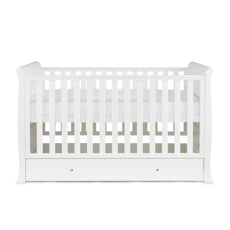The cot bed of the Ickle Bubba Snowdon Classic Nursery Room Sets transformed as a crib with an under drawer | Nursery Furniture Sets | Room Sets | Nursery Furniture - Clair de Lune UK