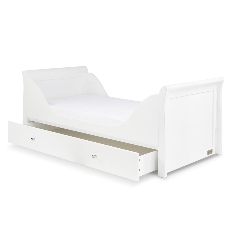 The cot bed of the Ickle Bubba Snowdon Classic Nursery Room Sets transformed as a toddler bed with an under drawer | Nursery Furniture Sets | Room Sets | Nursery Furniture - Clair de Lune UK