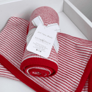 East Coast Silvercloud Candy Cane Thin Stripe Red and White baby blanket showing the tag and ribbon packaging | Cosy Baby Blankets | Swaddles and Receiving Blankets - Clair de Lune UK