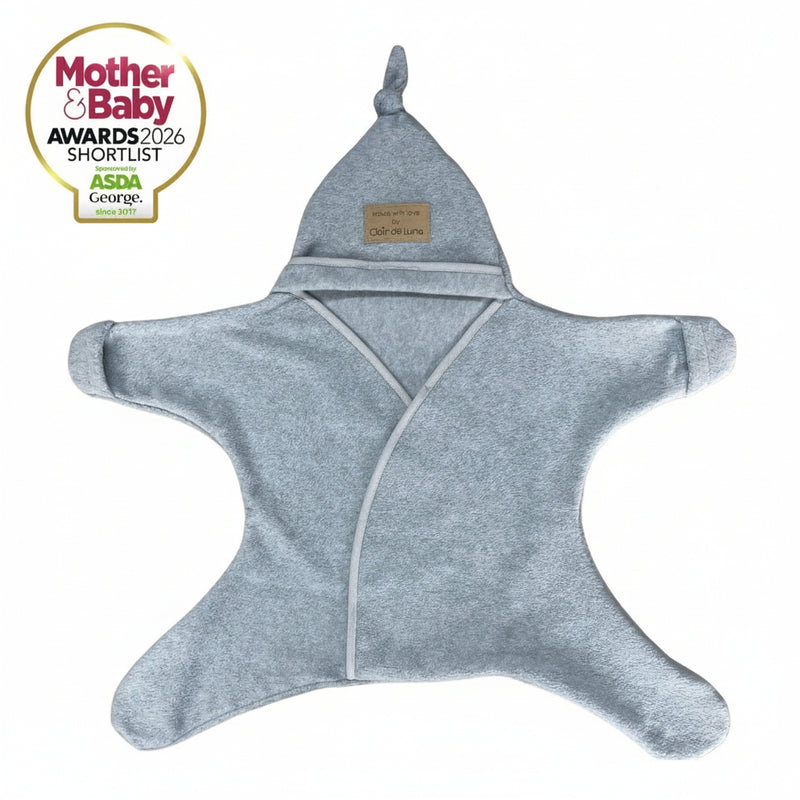 Grey Star Fleece Baby Wrap Blanket with no buttons or zips Shortlisted for a Mother & Baby Award 2026 | Cosy Baby Blankets | Swaddle Blanket | Nursery Bedding - Clair de Lune UK