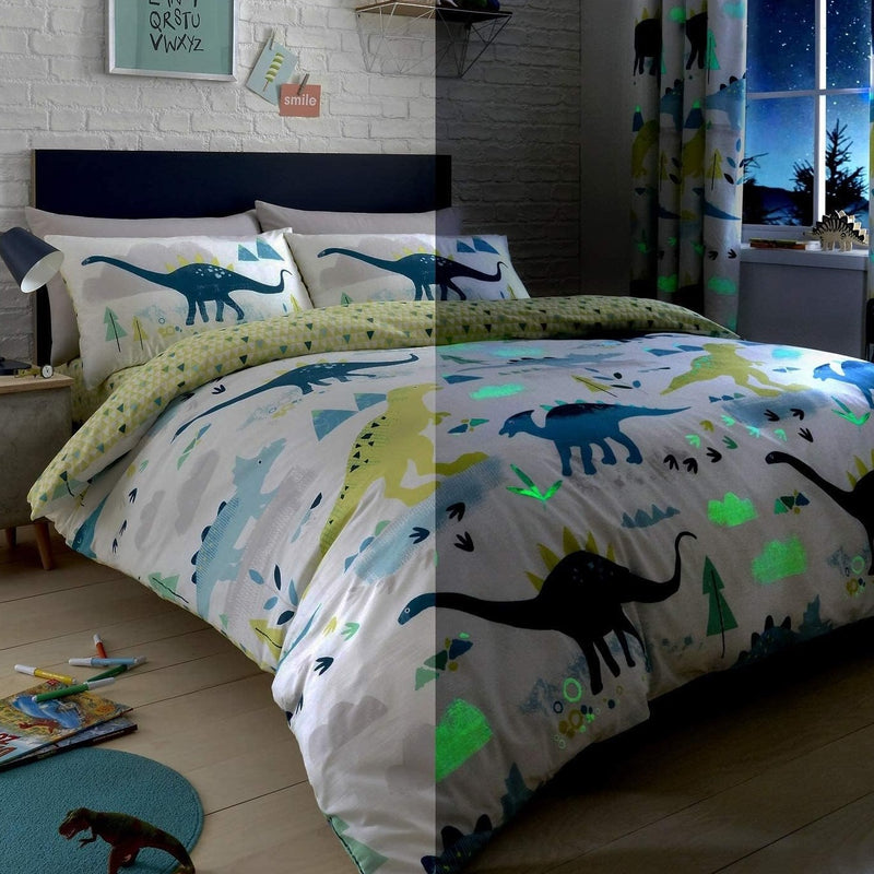Bedlam Dino Reversible Glow in the Dark Junior Bed Duvet Cover and Pillowcase Set in daytime and at night | Cot, Cot Bed & Toddler Bed Bedding | Bedding - Clair de Lune UK