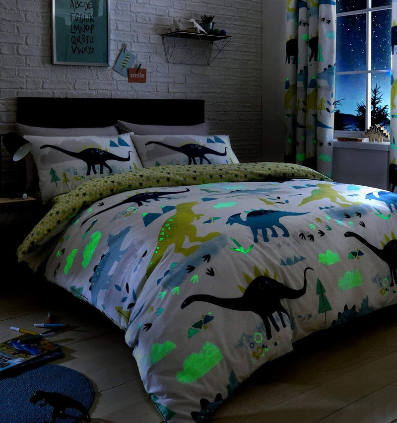 Bedlam Dino Reversible Glow in the Dark Junior Bed Duvet Cover and Pillowcase Set at night | Cot, Cot Bed & Toddler Bed Bedding | Bedding - Clair de Lune UK