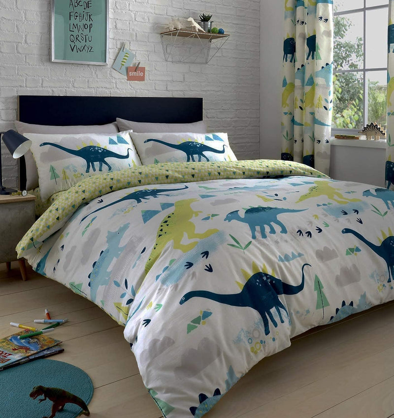 Bedlam Dino Reversible Glow in the Dark Junior Bed Duvet Cover and Pillowcase Set in daytime | Cot, Cot Bed & Toddler Bed Bedding | Bedding - Clair de Lune UK