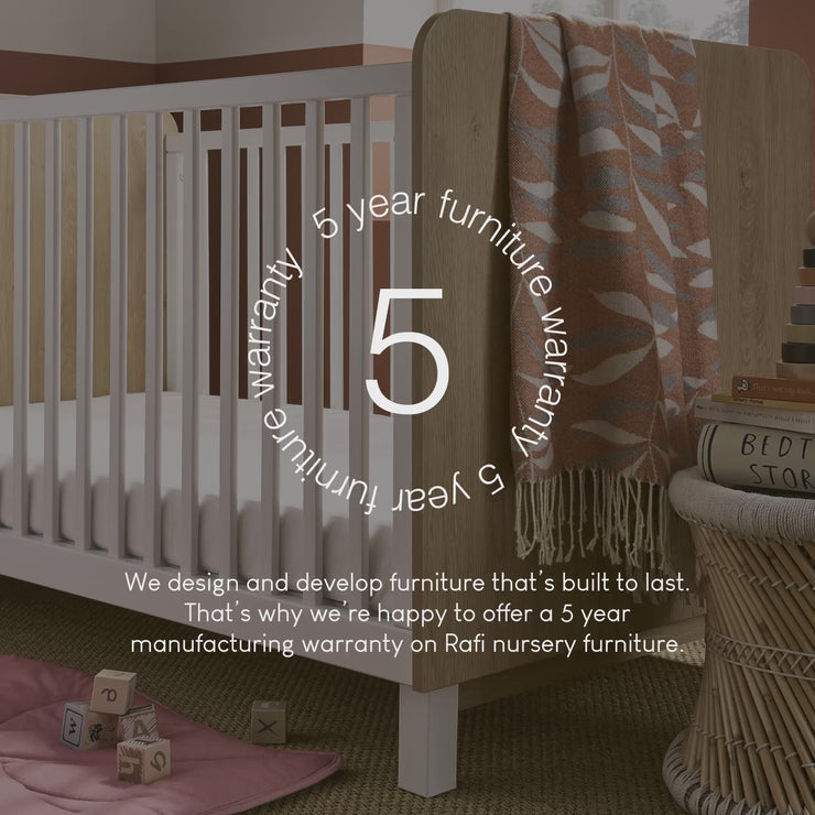 The 5 year furniture guarantee of the Natural Wood and White CuddleCo Rafi Cot Bed | Cots, Cot Beds, Toddler & Kid Beds | Nursery Furniture - Clair de Lune UK