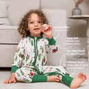 Toddler wearing the Grow Grows Organic Alpine Adventures Sleepsuit labelled with key features | Baby Sleepsuits and Baby Grows | Organic Baby Clothing - Clair de Lune UK