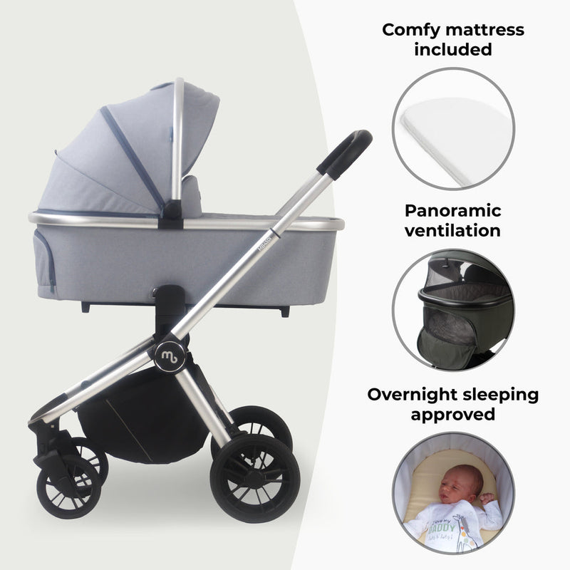 The carrycot of the Steel Blue My Babiie 3-in-1 Travel System with i-Size Car Seat | Pushchairs and Travel Systems | Baby & Kid Travel - Clair de Lune UK