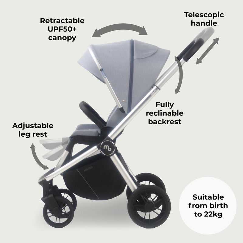 The parent-facing Steel Blue My Babiie 3-in-1 Travel System with i-Size Car Seat | Pushchairs and Travel Systems | Baby & Kid Travel - Clair de Lune UK