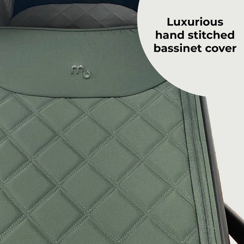 The luxurious bassinet cover of the carrycot from the Forest Green My Babiie 3-in-1 Travel System with i-Size Car Seat | Pushchairs and Travel Systems | Baby & Kid Travel - Clair de Lune UK