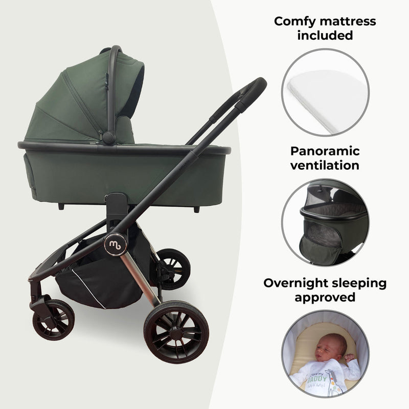 The carrycot of the Forest Green My Babiie 3-in-1 Travel System with i-Size Car Seat | Pushchairs and Travel Systems | Baby & Kid Travel - Clair de Lune UK
