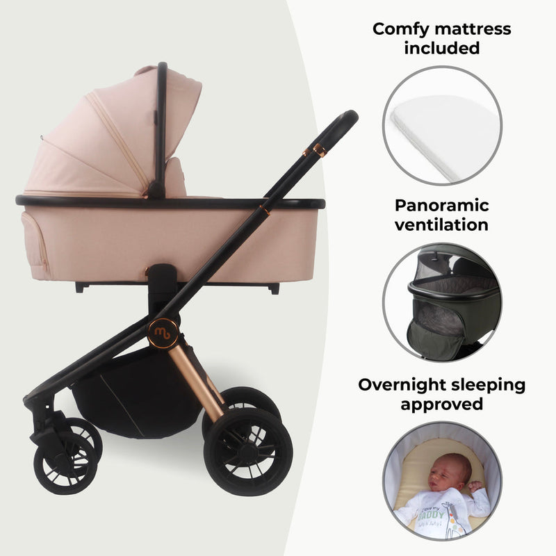 The carrycot of the Pastel Pink My Babiie 3-in-1 Travel System with i-Size Car Seat | Pushchairs and Travel Systems | Baby & Kid Travel - Clair de Lune UK