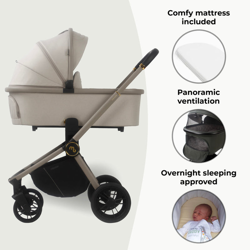 The carrycot of the Ivory My Babiie 3-in-1 Travel System with i-Size Car Seat | Pushchairs and Travel Systems | Baby & Kid Travel - Clair de Lune UK