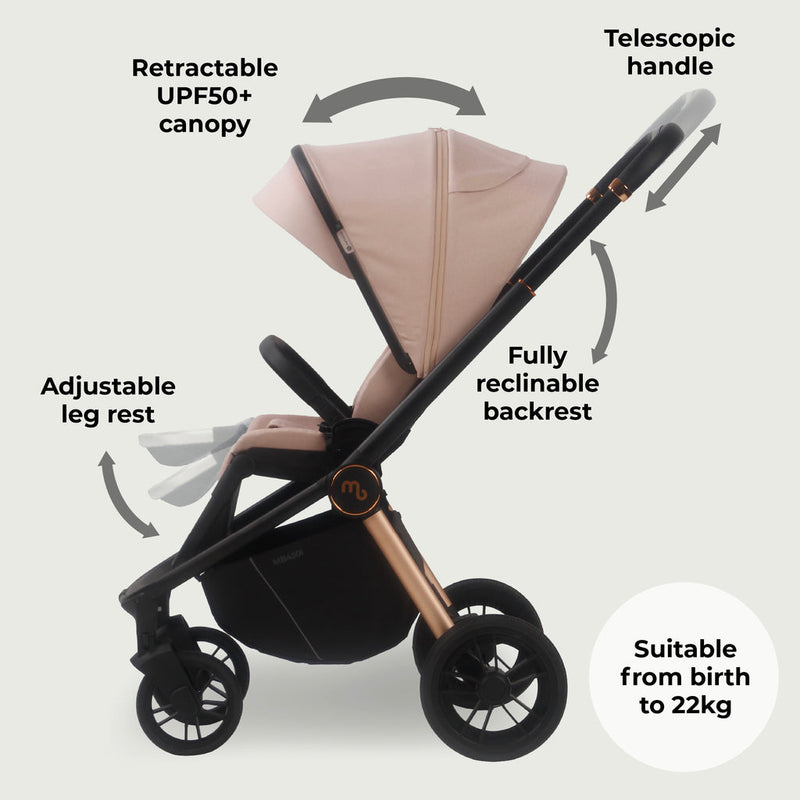 The parent-facing Pastel Pink My Babiie 3-in-1 Travel System with i-Size Car Seat | Pushchairs and Travel Systems | Baby & Kid Travel - Clair de Lune UK