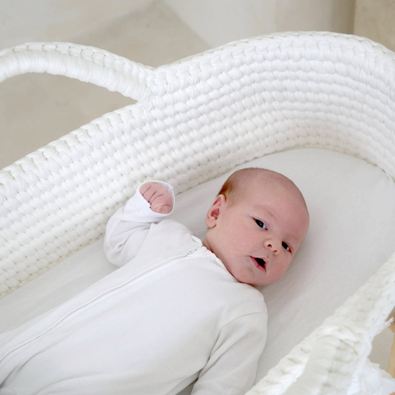 Clair de Lune Parent Favourite Crcohet Moses Basket with gorgeous newborn baby | Moses Baby Baskets & Bassinets - Clair de Lune UK