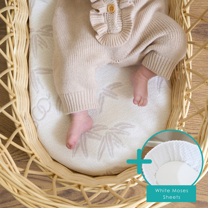 Natural Bamboo Wicker Moses Basket Mattress (65 x 28 cm) Bundled with 2 Pack Fitted Cotton Moses basket Sheets in White | Moses Basket Mattresses | Newborn Bedding - Clair de Lune UK