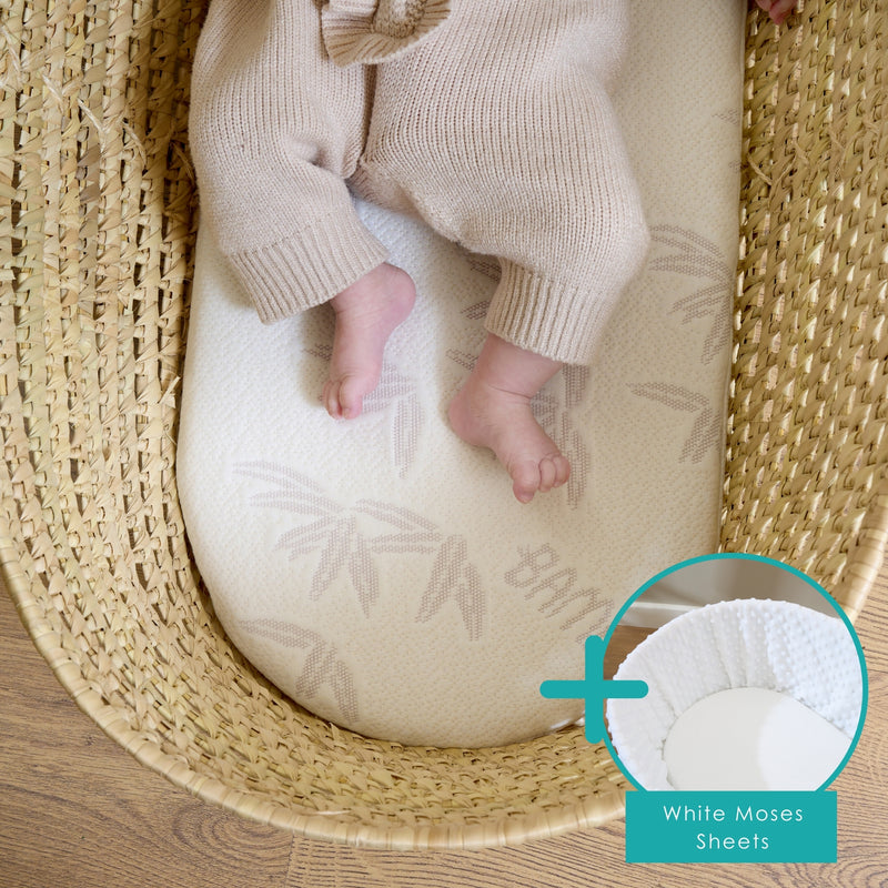 Natural Bamboo Palm Moses Basket Mattress (74 x 28 cm) Bundled with White Fitted Moses Sheets | Moses Basket Mattresses | Newborn Bedding - Clair de Lune UK