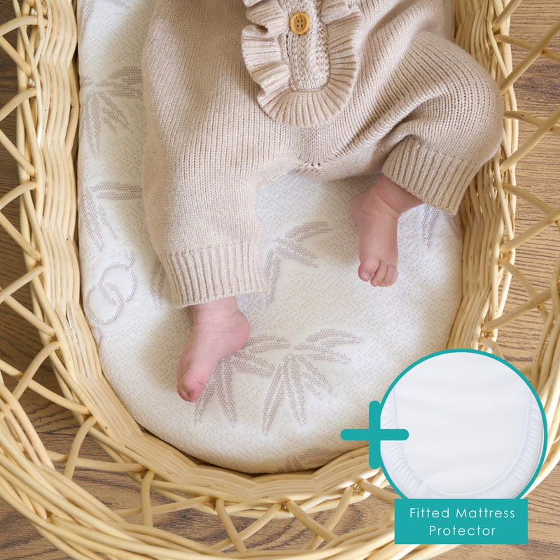 Natural Bamboo Wicker Moses Basket Mattress (65 x 28 cm) Bundled with Fitted Moses Basket Protector | Moses Baby Basket Mattresses | Moses and Bassinet Accessories - Clair de Lune UK