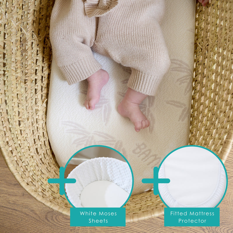 Natural Bamboo Palm Moses Basket Mattress (74 x 28 cm) Bundled with White Fitted Moses Sheets and mattress protector | Moses Basket Mattresses | Newborn Bedding - Clair de Lune UK