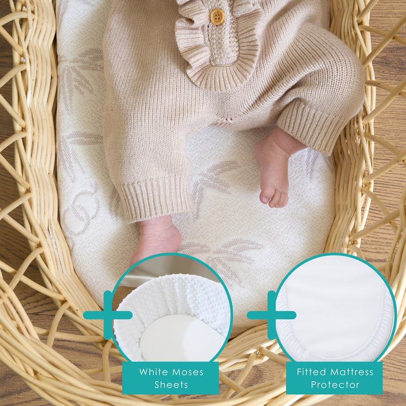 Natural Bamboo Wicker Moses Basket Mattress (65 x 28 cm) Bundled with 2 Pack Fitted Cotton Moses basket Sheets in White and Mattress Protector | Moses Baby Basket Mattresses | Newborn Bedding - Clair de Lune UK