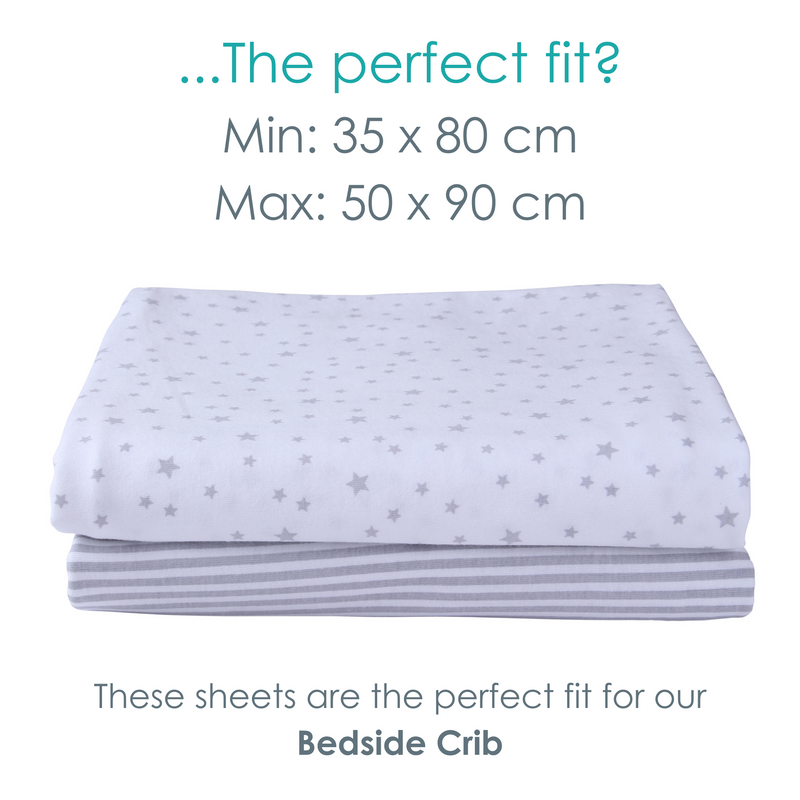 Min and max dimensions of the 2 Pack Grey Stars & Stripes Universal Bedside Crib Fitted Sheets - 90 x 50 cm | Soft Baby Sheets | Bedside Crib Bedding | Nursery Linen - Clair de Lune UK