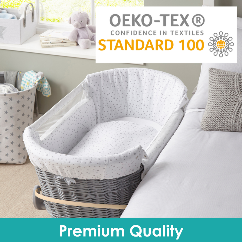 Premium Quality Oeko Tex certitifed 2 Pack Grey Stars & Stripes Universal Bedside Crib Fitted Sheets - 90 x 50 cm on a bedside crib | Soft Baby Sheets | Bedside Crib Bedding | Nursery Linen - Clair de Lune UK