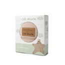 Oatmeal Star Fleece Baby Wrap Blanket in its retail packaging, featuring a 0-6 months star fleece baby wrap blanket with a brown patch reading 'Made with love by Clair de Lune'.   | Cosy Baby Blankets | Pram Blanket - Clair de Lune UK 