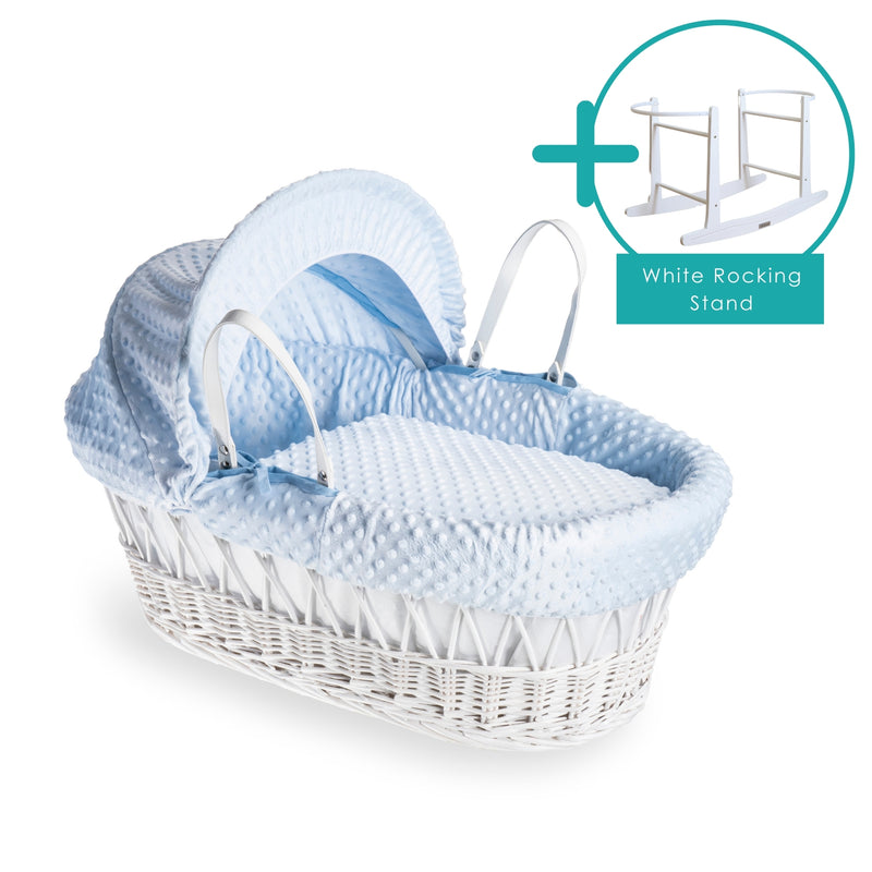 Blue Dimple White Wicker Moses Basket bundled with standard rocking stand | Moses Baby Baskets and Bassinets | Nursery Furniture - Clair de Lune UK