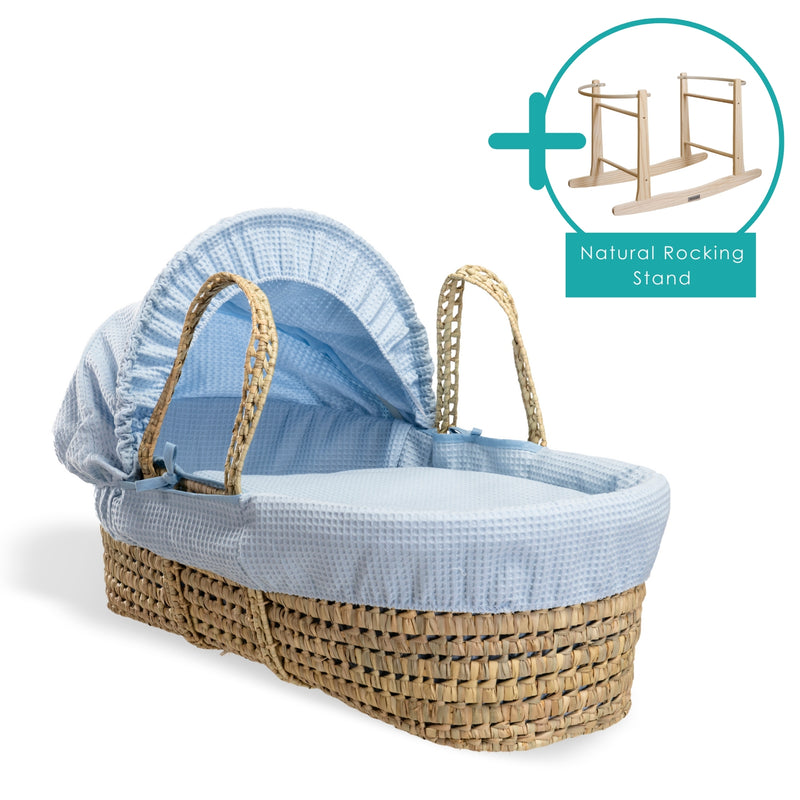 Blue Waffle Palm Moses Basket Bundled with the Natural Rocking Stand | Moses Baby Baskets, Bassinets | Nursery Furniture - Clair de Lune UK