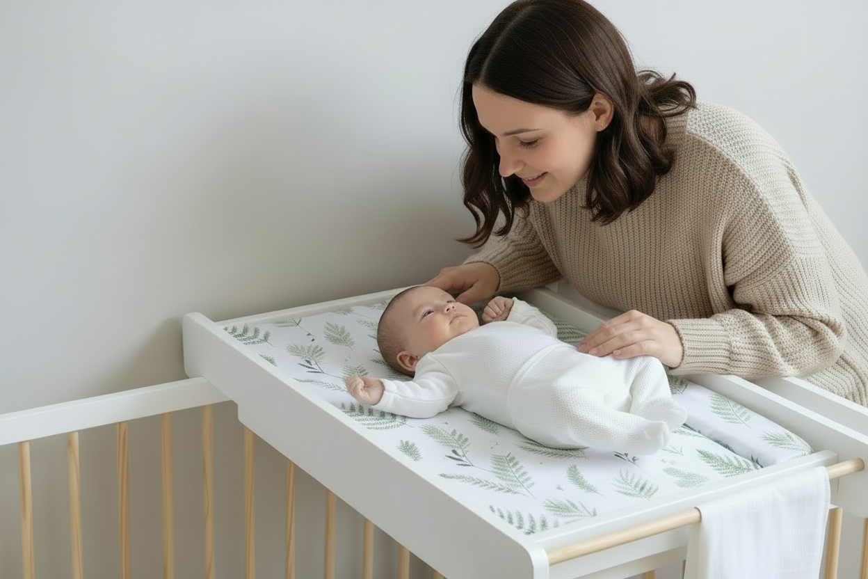 Baby lying on the East Coast Botanical Changing Mat | Baby Essentials - Clair de Lune UK