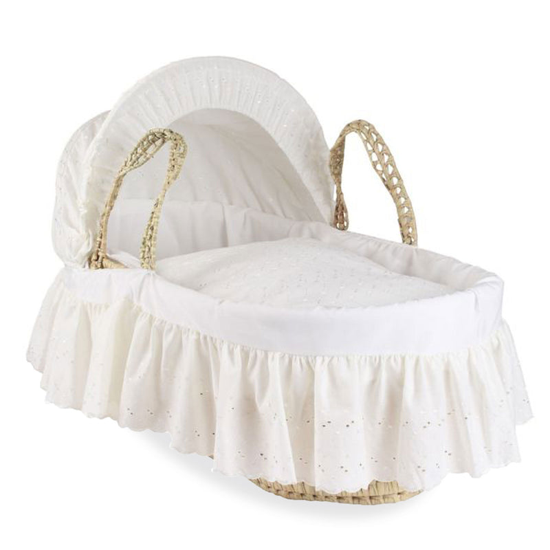 White Broderie Anglaise Palm Moses Basket with Skirt on a white background | Moses Baby Baskets, Bassinets | Nursery Furniture - Clair de Lune UK